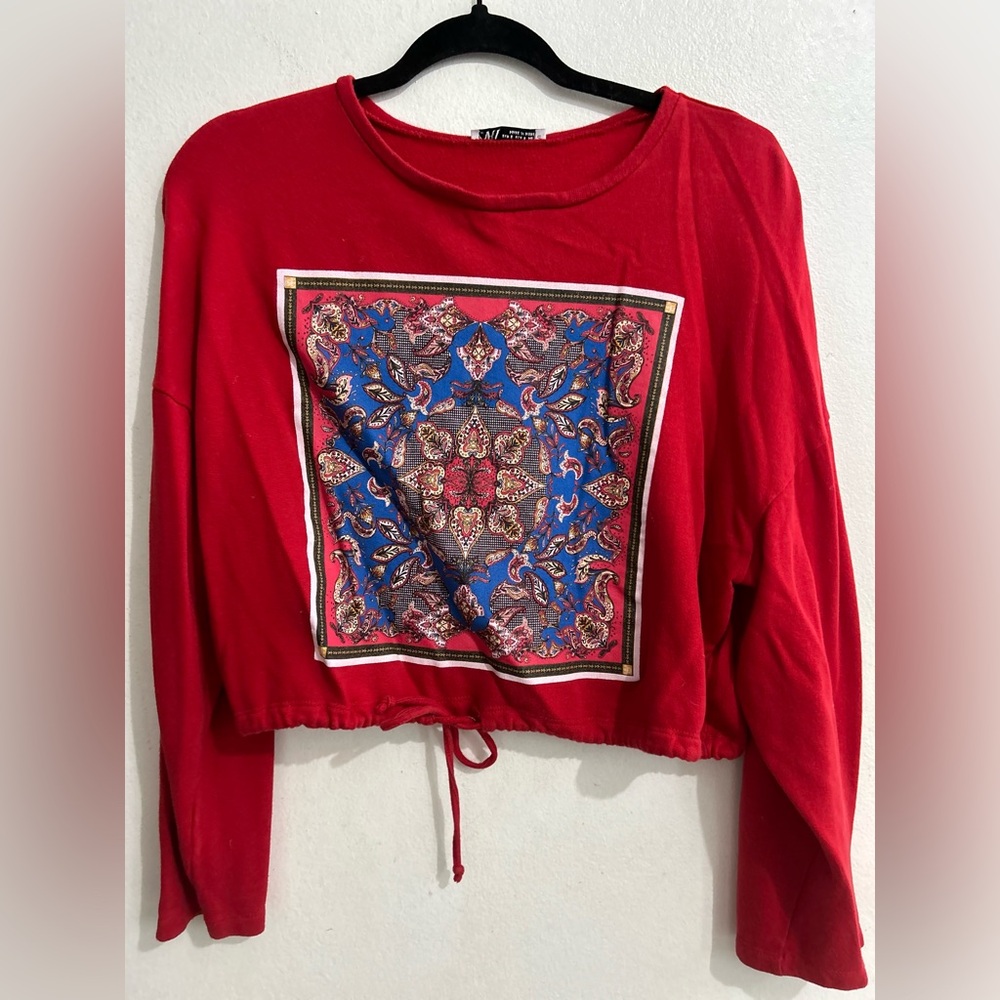 Zara Red Blouse with Blue Pattern